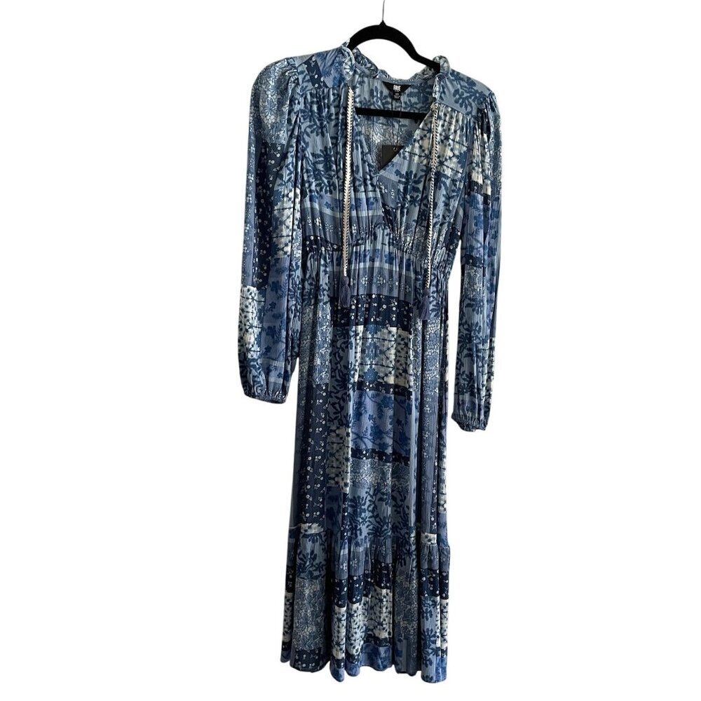 Frye Women XS Blue Chambray Patchwork Boho Western Long Sleeve Midi Dress NWT - Picture 2 of 15